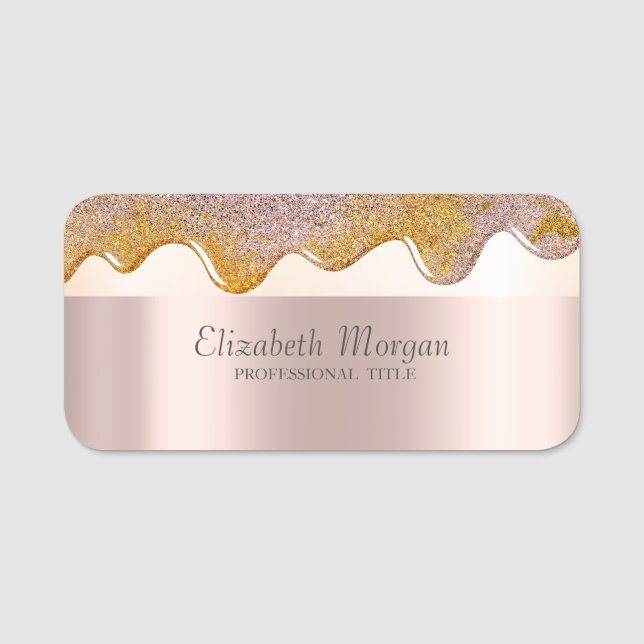 Trendy Stripe Drips Rose Gold Name Tag (Front)