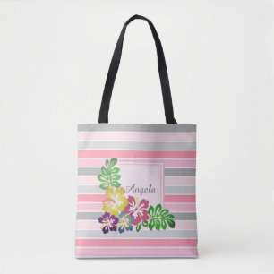 Trendy Striped, Hawaii Hibiscus -Personalised Tote Bag