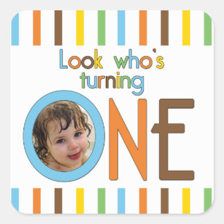 Trendy Stripes Look Who's Turning One Square Sticker