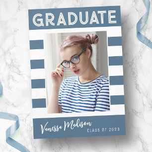 Trendy Stripes Simple Retro Graduate Photo Blue Announcement
