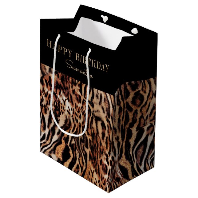 Trendy Stylish Animal Print Birthday with Name Medium Gift Bag (Front Angled)