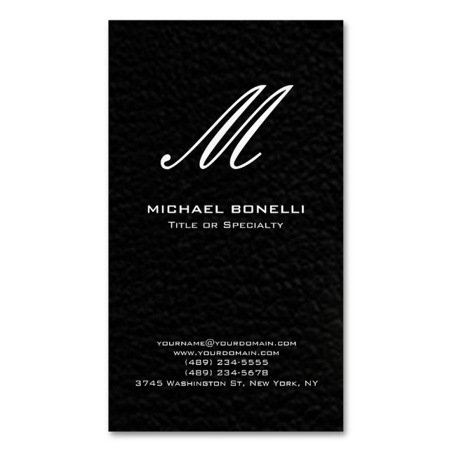Trendy stylish black & white calligraphy monogram magnetic business card (Front Vertical)