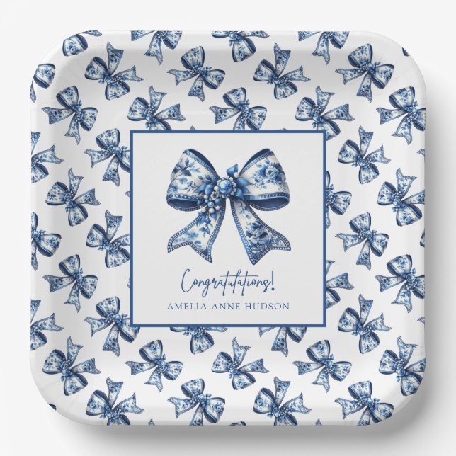 Trendy Stylish Blue Floral Bows Graduation Party Paper Plate (Front)