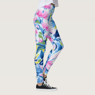 Trendy Stylish Blue Pink Lilly Floral Pattern  Leggings