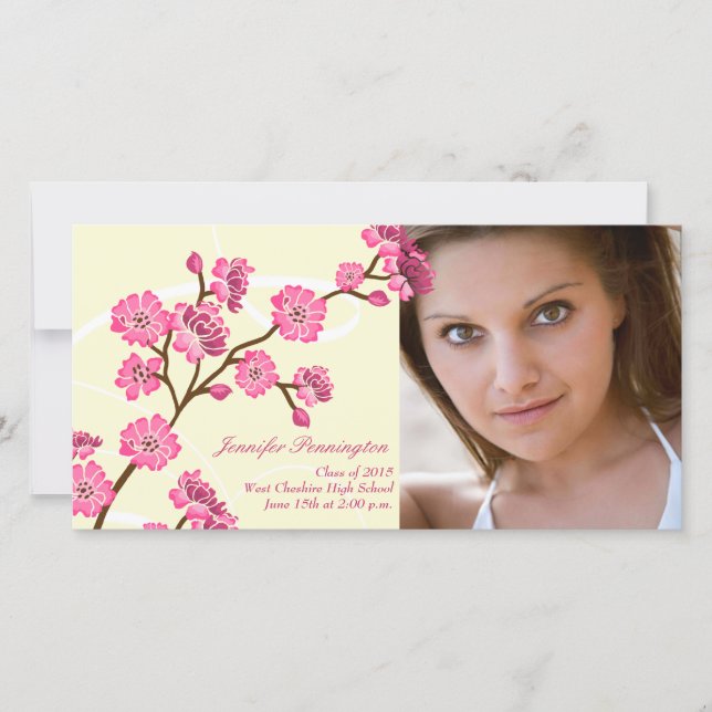 Trendy stylish cherry blossom graduation photocard announcement (Front)