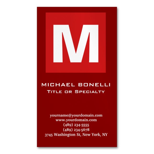 Trendy stylish dark red white monogram classical magnetic business card (Front Vertical)
