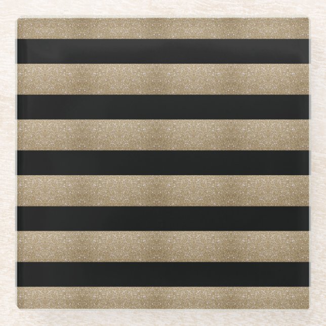 trendy stylish geometric black and gold stripes glass coaster (Front)