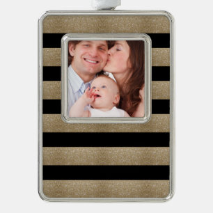 trendy stylish geometric black and gold stripes silver plated framed ornament