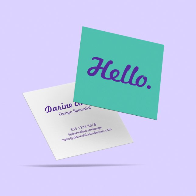 Trendy Stylish Hello Blue & Purple Casual Script  Square Business Card (Creator Uploaded)