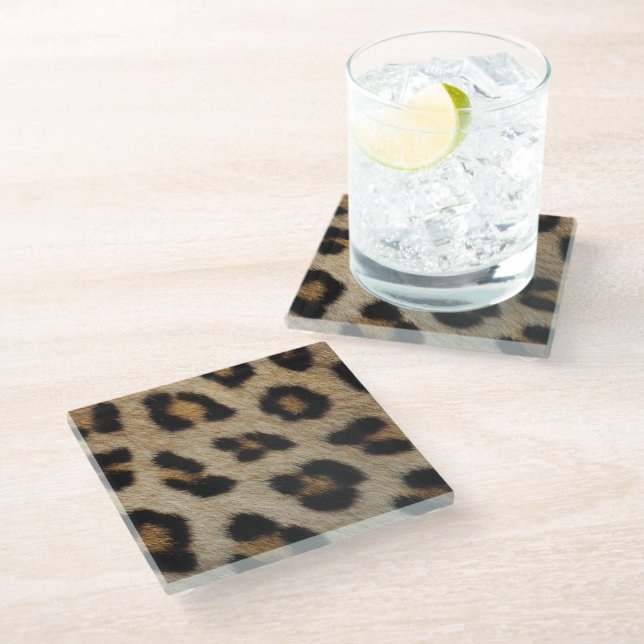 Trendy stylish leopard fur print animal pattern glass coaster (Angled)