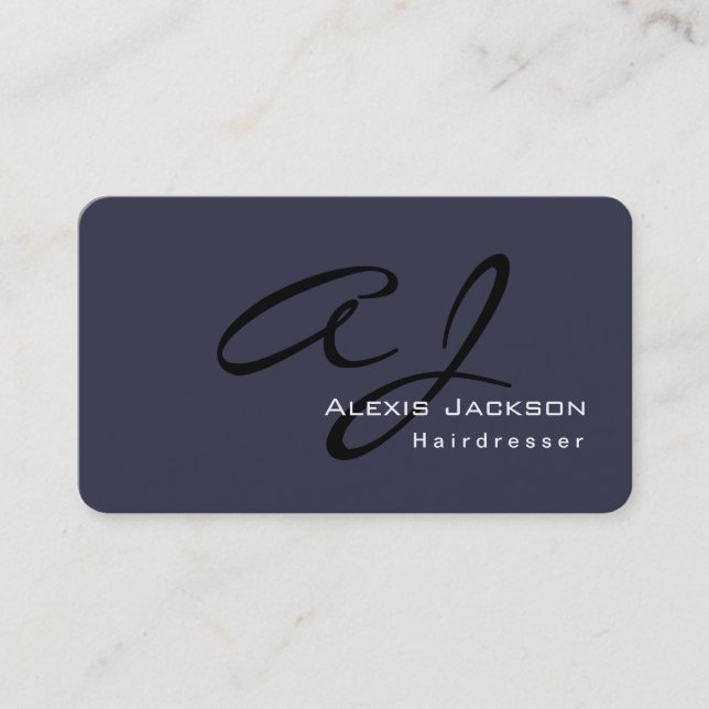 Trendy Stylish Monogram Dark Grey Blue Hairdresser Business Card (Front)