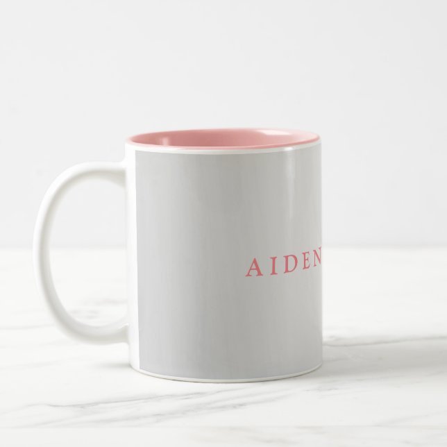 Trendy Stylish Name Minimalist Silver Grey Pink Two-Tone Coffee Mug (Left)
