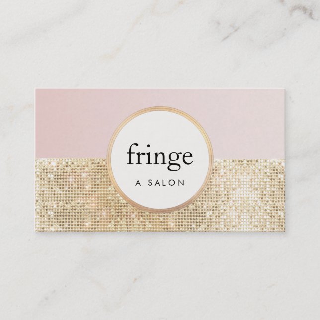 Trendy Stylish Pink and Gold Sequin Beauty Salon Business Card (Front)
