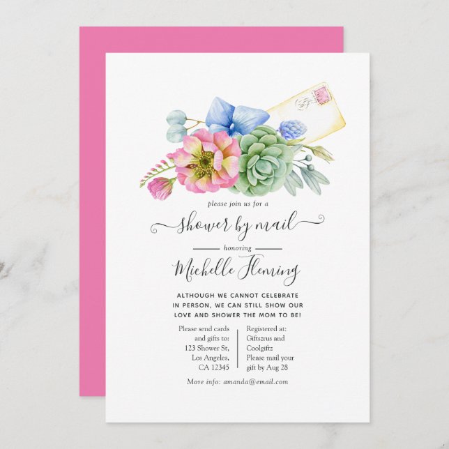 Trendy Succulent Floral Baby Shower by Mail Invitation (Front/Back)