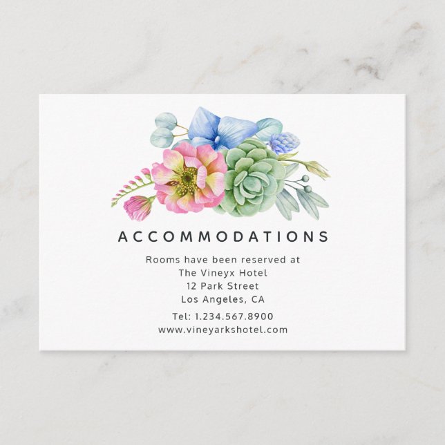 Trendy Succulent Floral Wedding Accommodations Enclosure Card (Front)