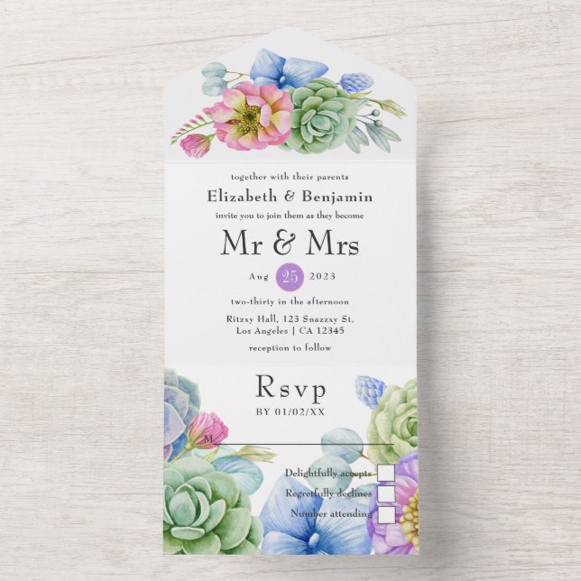 Trendy Succulent Tropical Floral Wedding All In On One Invitation (Inside)