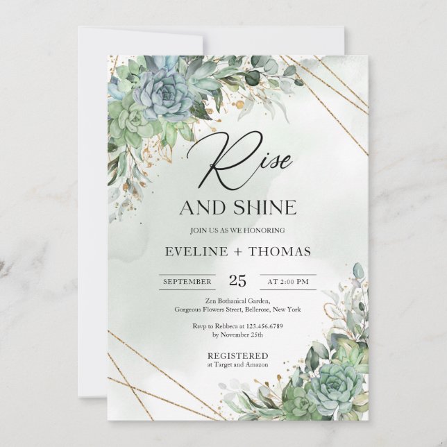 Trendy succulents eucalyptus gold rise and shine invitation (Front)
