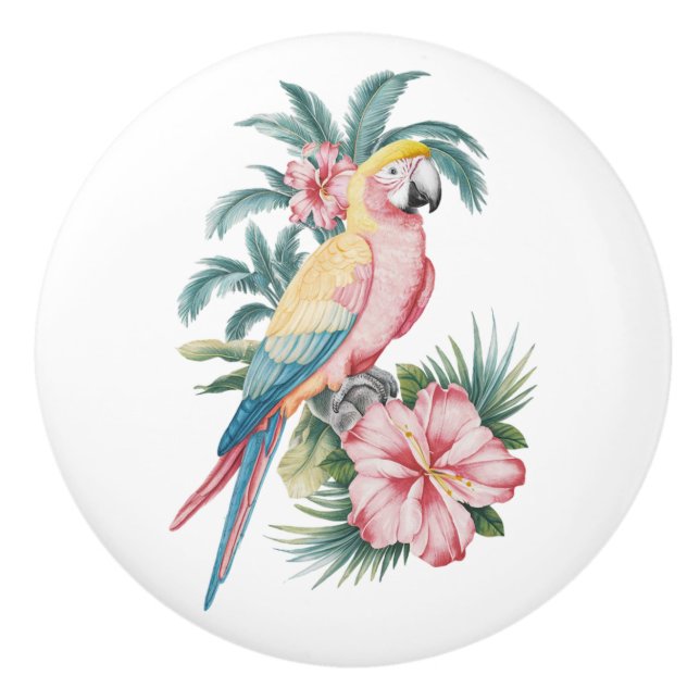Trendy  Summer beach Parrot and Hibiscus Flowers   Ceramic Knob (Front)