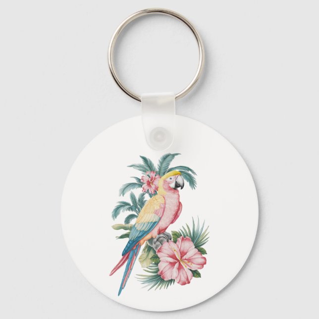 Trendy  Summer beach Parrot and Hibiscus Flowers   Key Ring (Front)