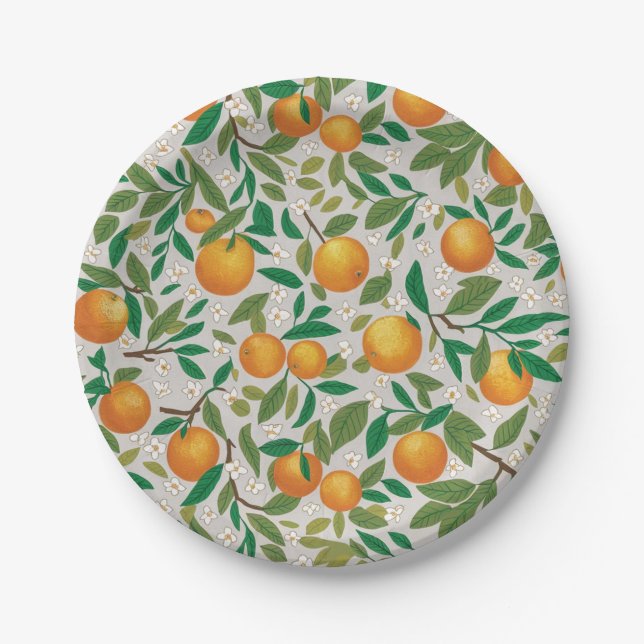 Trendy Summer Oranges Citrus Fruit Blossom Pattern Paper Plate (Front)