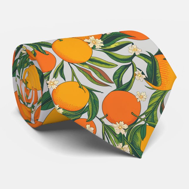 Trendy Summer Oranges Citrus Fruit Blossom Pattern Tie (Rolled)