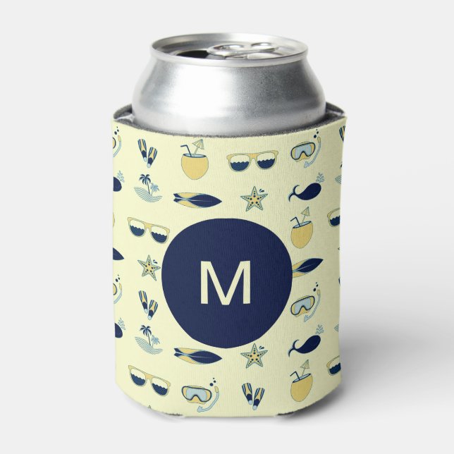 Trendy Summer Symbols Pattern Monogram Can Cooler (Can Front)