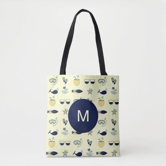 Trendy Summer Symbols Pattern Monogram Tote Bag (Front)
