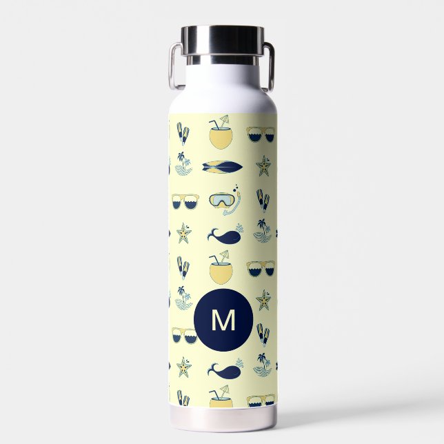 Trendy Summer Symbols Pattern Monogram Water Bottle (Front)
