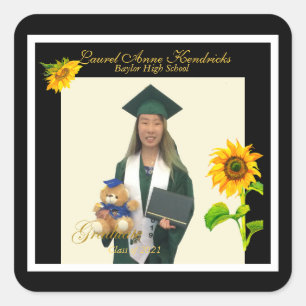 Trendy Sunflower Modern Text Graduate Photo Square Sticker