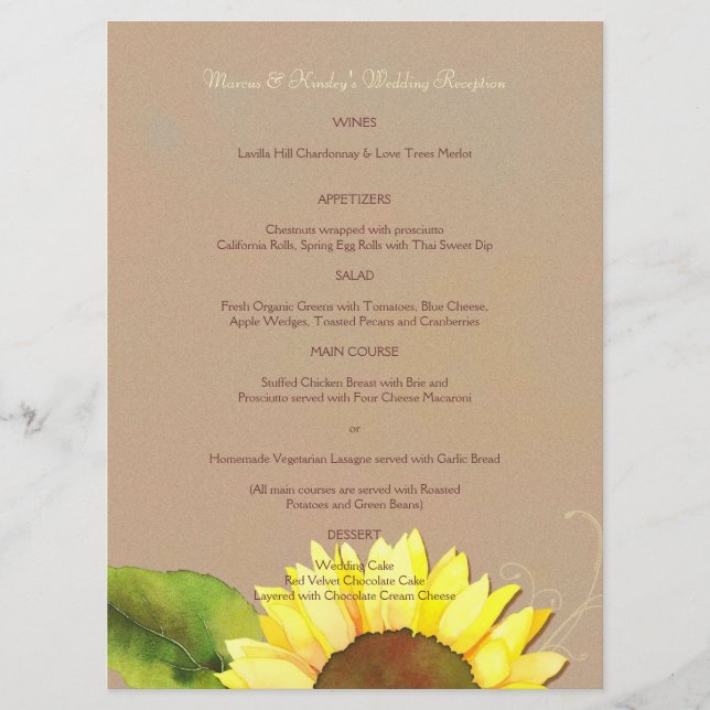Trendy Sunflower Wedding Reception Dinner Menu (Front)