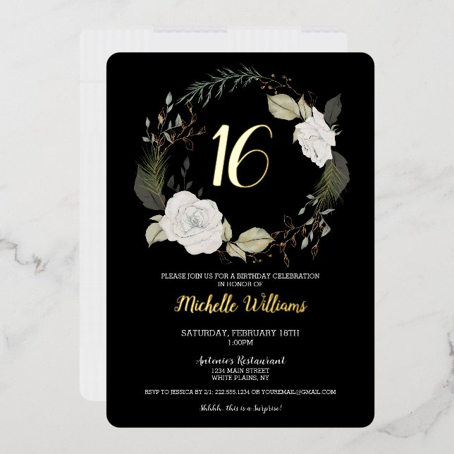 Trendy Sweet 16 Birthday Party Floral Black Gold (Envelope)
