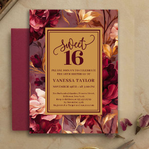 Trendy Sweet 16 Burgundy Roses Gold Invitation