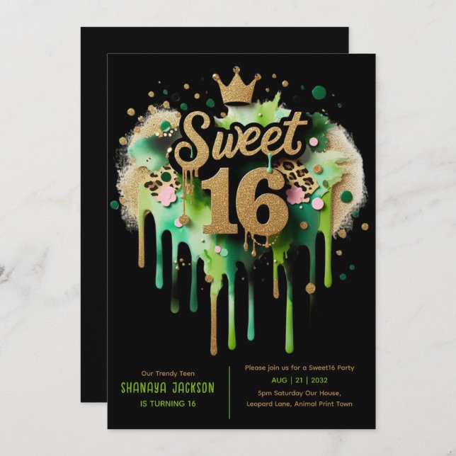 Trendy Sweet 16 Leopard Print Green Gold  Invitation (Front/Back)