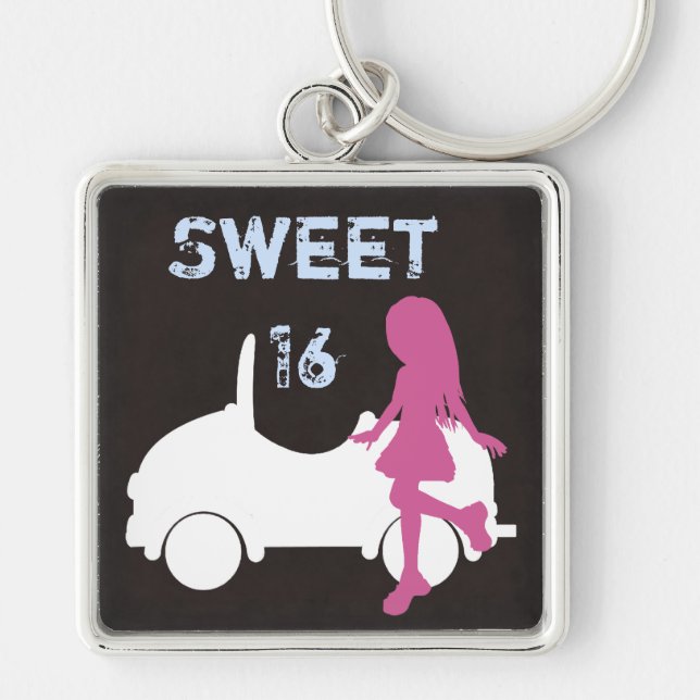 Trendy Sweet 16 Silhouette Girl and Car Key Ring (Front)
