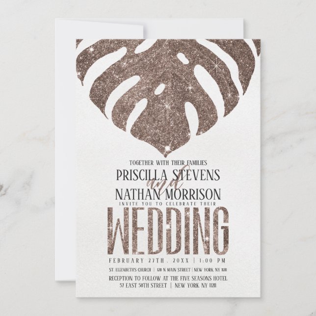 Trendy Swiss Cheese Leaf Rose Gold Glitter Wedding Invitation (Front)
