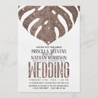 Trendy Swiss Cheese Leaf Rose Gold Glitter Wedding Invitation