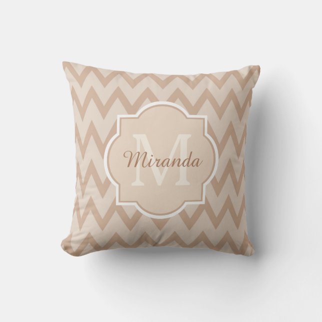 Trendy Tan Brown Chevron Zigzag Name and Monogram Cushion (Front)