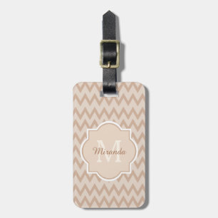 Trendy Tan Brown Chevron Zigzag Name and Monogram Luggage Tag