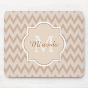 Trendy Tan Brown Chevron Zigzag Name and Monogram Mouse Pad