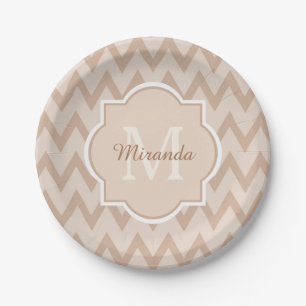 Trendy Tan Brown Chevron Zigzag Name and Monogram Paper Plate