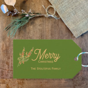 Trendy Tan Green Christmas Watercolor Botanical Gift Tags