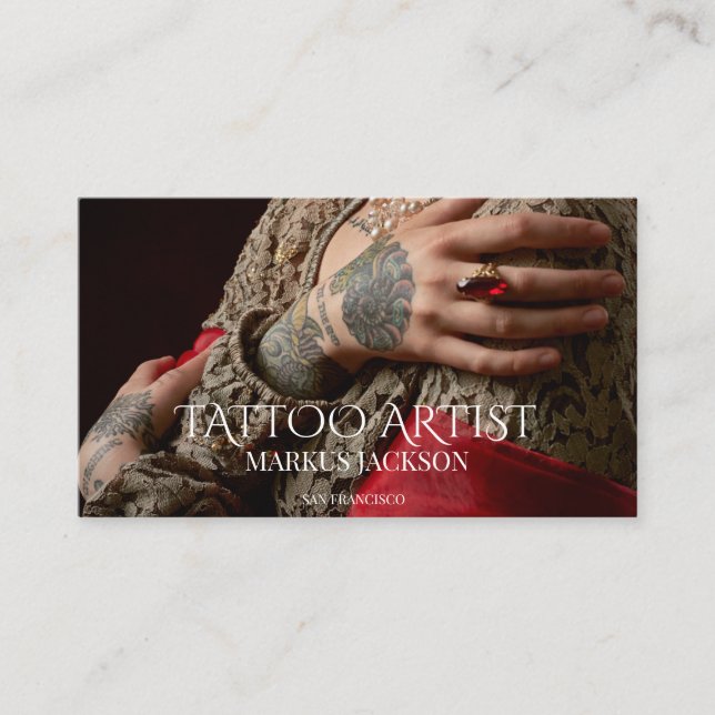 Trendy Tattoo Artist Photo White Typography Business Card (Front)