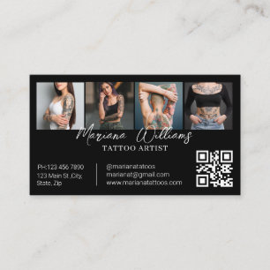 Trendy Tattoo Artist QR Code 4 Photo Collage Black Business Card