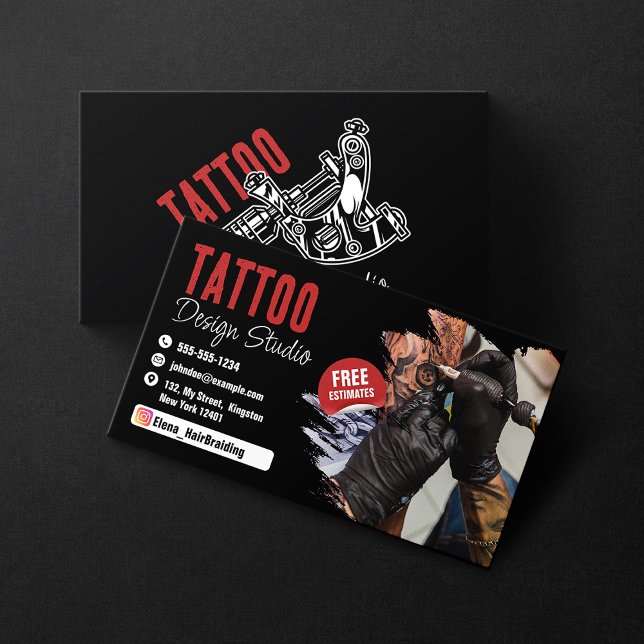 Trendy Tattoo Artist Studio Black and Red Business Card (Creator Uploaded)