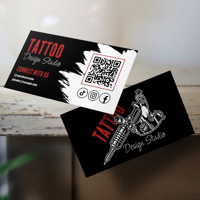 Trendy Tattoo Artist Studio Black and Red QR code Business Card (Creator Uploaded)