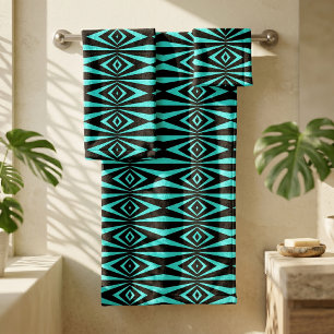 Trendy Teal and Black Geometric Op Art Pattern Bath Towel Set