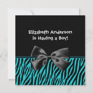 Trendy Teal And Black Zebra Print Boy Baby Shower Invitation