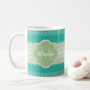 Trendy Teal and Light Green Knit Pattern and Name Coffee Mug