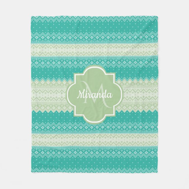 Trendy Teal and Light Green Knit Pattern and Name Fleece Blanket (Front)
