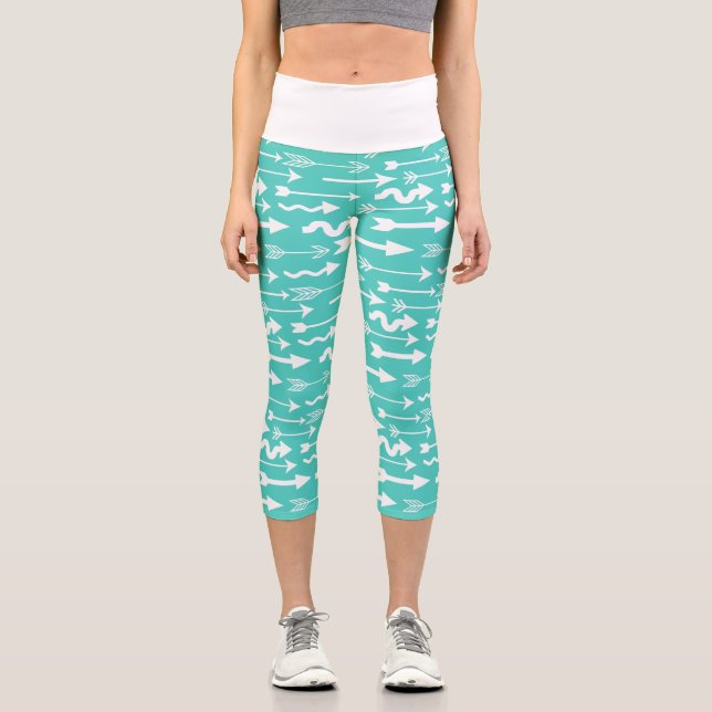 Trendy Teal and White Arrow Pattern Capri Leggings (Front)